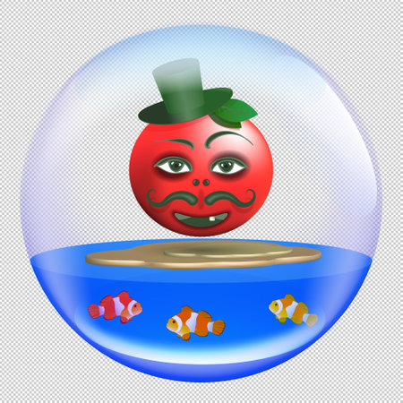 Abstract funny cartoon tomato with mustache and hat. Transparent bowl with water and fish. EPS10のイラスト素材