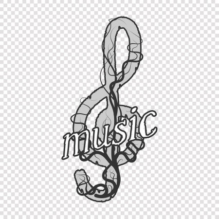 Black and white treble clef entwined with stylistic branches. Inscription Musicのイラスト素材