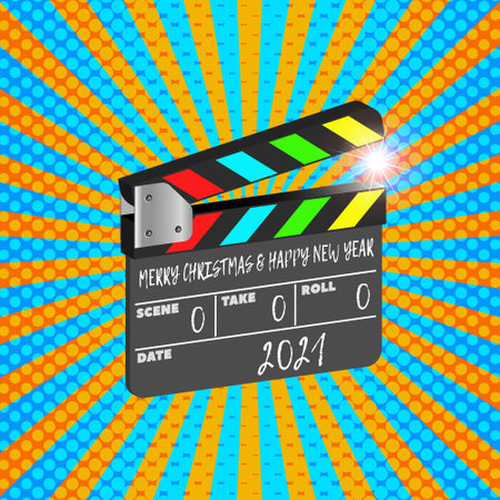 3d. Clapperboard. Inscription Merry Christmas and Happy New Year 2021. Bright color radiant background.のイラスト素材