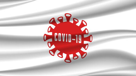 Abstract covid-19 flag in Japanese style with clipping mask. White wavy fabric with a red virus in the center.のイラスト素材