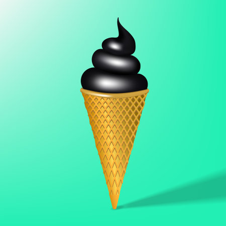 Abstract black cartoon ice cream in a cone with a shadow on a green background. EPS10のイラスト素材