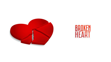Poster with white background and 3D red broken heart. Shadows and inscription.のイラスト素材