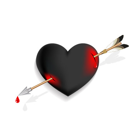 3D black heart pierced through with an arrow. Red spots and drops of blood. Love symbol. White background and shadows.のイラスト素材