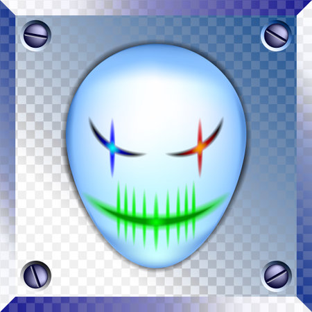 Translucent square icon. Oval scary head with a green mouth and glowing eye slits. Facets and shadows.のイラスト素材