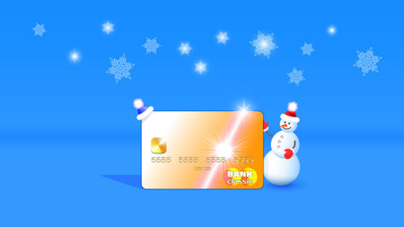 Blue poster with smiling snowman, bank financial card and snowflakes.のイラスト素材