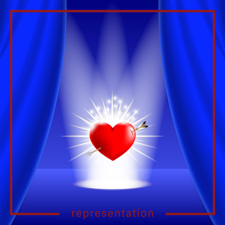 Theatrical stage with a half-open blue curtain. Bright white beams of searchlights. Red heart in rays, pierced by an arrow. Clipping mask.のイラスト素材