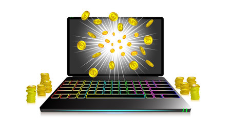 3D laptop with color backlit keyboard. Flying out gold coins of world currencies from the screen. Stacks of tokens on the left and right. Bright radiant glow and shadows. White background.のイラスト素材