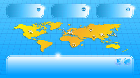 Sample economic poster with infographics. 3D world map and signs of different currencies with shadows.のイラスト素材