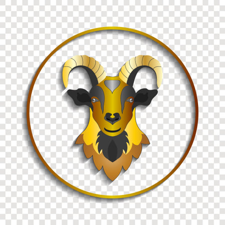 Round icon with shadows. Golden horned mountain goat.のイラスト素材