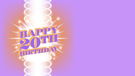 Sample of a bright greeting poster or postcard with a 3D inscription. Happy 20th birthday. White rays and sparks.のイラスト素材