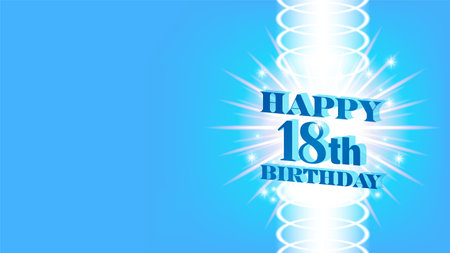 Sample of a bright greeting poster or postcard with a 3D inscription. Happy 18th birthday. White rays and sparks.のイラスト素材
