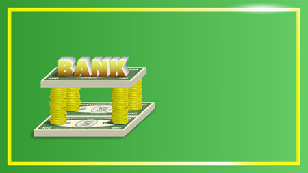 Abstract green economic poster with bright frame. Bundles of banknotes and stacks of gold coins folded in the form of a bank building.のイラスト素材