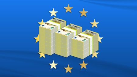 3D economic poster with EU wavy flag. Bundles of paper money with a face value of 200 euros. Large stacks of banknotes.のイラスト素材