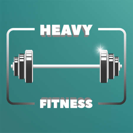 3D inscription Heavy fitness, simple sports logo or emblem with barbell. Radiant flare. EPS10のイラスト素材