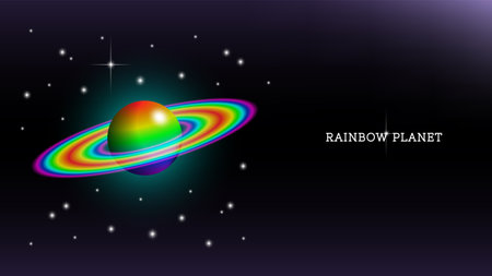 Abstract space poster with rainbow planet inscription. Bright multi-colored rings and radiant white stars. 3d celestial object in the style of Saturnのイラスト素材