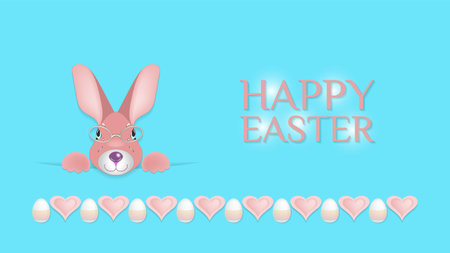 Festive light blue poster. Happy easter. Paws and eared rabbit head. Hearts, eggs with patterns. Glares, glasses and shadowsのイラスト素材