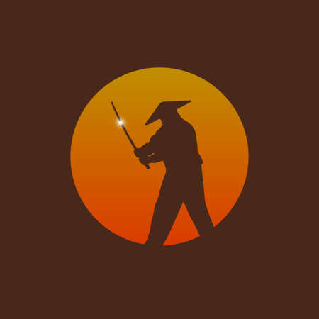 Silhouette of a samurai warrior with a katana sword on a sunset background. Bright white radiant glareのイラスト素材
