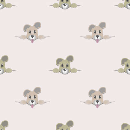 Seamless pattern. Cute looking head of an eared puppy with paws. Symmetrical and staggeredのイラスト素材
