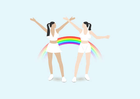 Two girls with raised arms in a white skirt, top and shorts. Rainbow on a light backgroundのイラスト素材