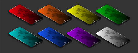 3D set of bright rainbow smartphones with a world map on screensのイラスト素材