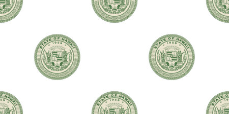 Seamless pattern. Green coat of arms of the American State of Hawaii made of thin lines, staggered against a white backgroundのイラスト素材