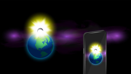 Bright cosmic collision of the Earth. Yellow radiant flash. Sunrise over the planet with a crescent moon and purple nebula in the background. 3D smartphone takes picturesのイラスト素材