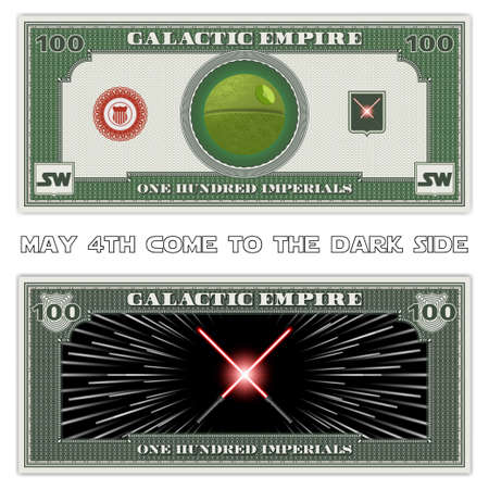 May 4th come to the dark side. Fictional paper money of the Galactic Empire. Banknote of 100 imperials. 3D green death star and crossed lightsabers. Hyper jump effectのイラスト素材