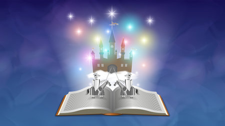 3d a open book in bright rays of light. Fantasy castle in the clouds with knights on horseback in armor at the tournament. Stars, sparks and wavy shadowsのイラスト素材