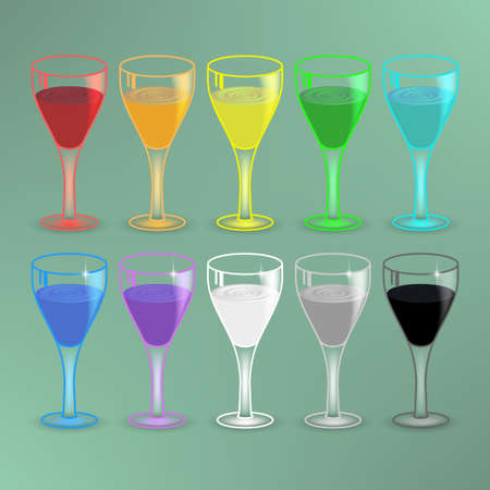 A set of iridescent rainbow glass goblets filled with colored liquid with waves or ripples on the surfaceのイラスト素材
