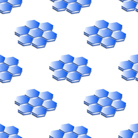 Seamless pattern. Abstract futuristic blue figures. 3d hexagonal shapes with bright glow on white backgroundのイラスト素材