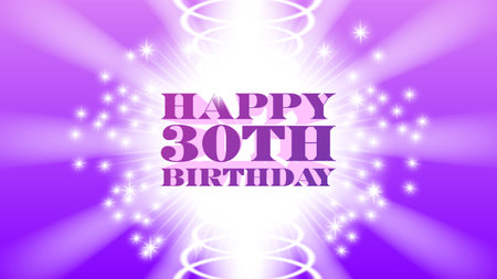 Sample of a bright greeting poster or postcard with a 3D inscription. Happy 30th birthday. White rays and sparks on violet backgroundのイラスト素材
