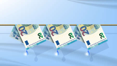 EU crime paper money laundering poster. Folded 20 euro banknotes with water drops hang on a rope. Bright highlights and shadowsのイラスト素材