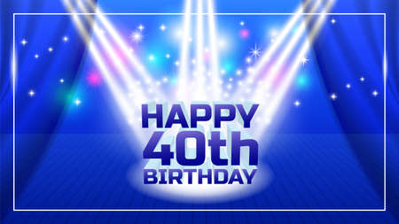 Bright blue holiday poster with 3D lettering Happy 40th birthday. White rays, sparks, glow and curtain on stageのイラスト素材