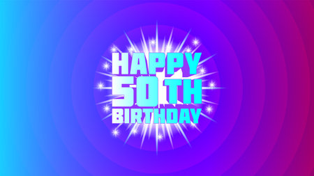 Bright festive purple cyan poster. 3d text. Happy 50th birthdayのイラスト素材