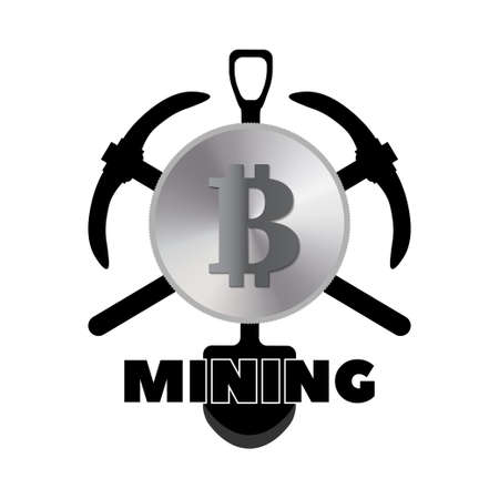 Black and white icon or emblem. Mining cryptocurrency bitcoin. Shovel, pickaxe and gray coin or token on white isolated backgroundのイラスト素材