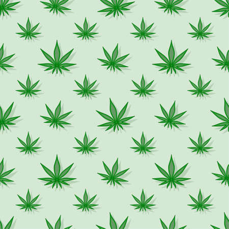 Seamless pattern. Green stylistic cannabis leaves of different sizes, symmetrically staggeredのイラスト素材