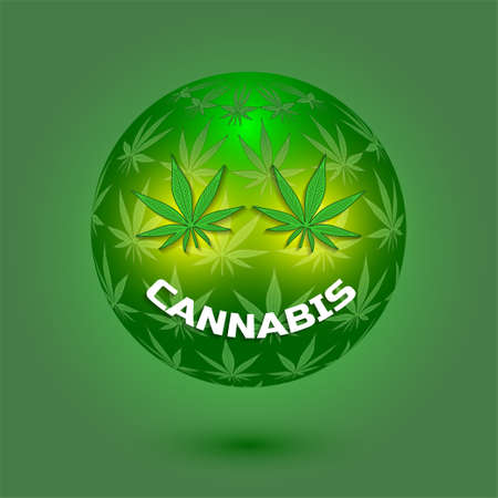 The word cannabis in the shape of a smile with hemp leaves. 3d sphere. Glow on a green backgroundのイラスト素材