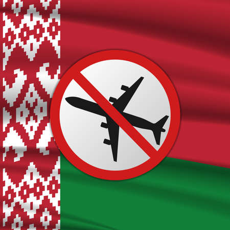 The ban on flying over Belarus. Sanction poster. Prohibition sign with a silhouette of an airplane on the background of the wavy flagのイラスト素材