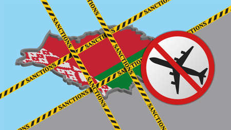 Sanctions against Belarus. A red round prohibitory sign with an airplane silhouette crossed out. 3D map with country flagのイラスト素材