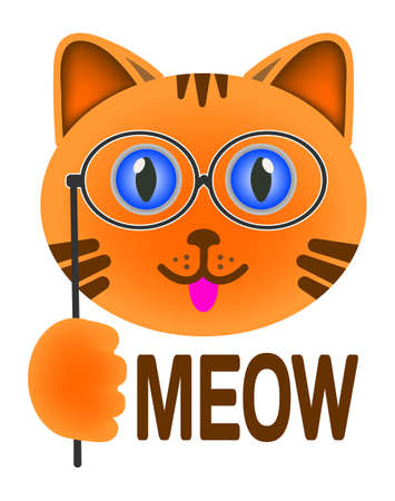 Cute bright ginger kitten with blue eyes in pince-nez and the word meowのイラスト素材