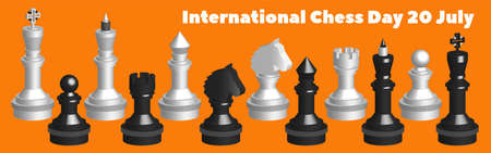 3d set of volumetric simple black and white chess with bright highlights, patterns and polished surface. International Chess Day 20 July. Isolated king, queen, bishop, knight, rook and pawnのイラスト素材
