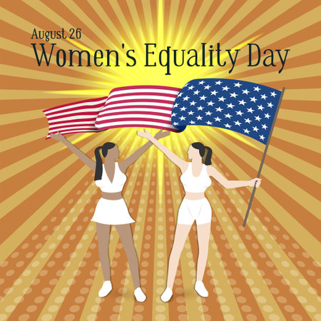 Womens Equality Day. August 26. Two girls with a waving USA flag against a background of bright yellow rays Festive poster with an inscriptionのイラスト素材