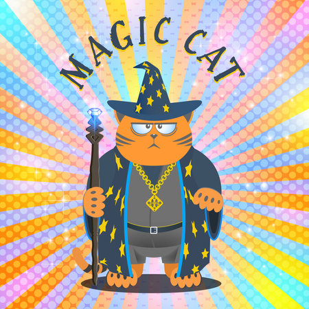 Magic cat. A displeased and serious fat ginger cartoon puss, a wizard with a staff on a bright glowing radiant backgroundのイラスト素材