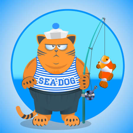 Cartoon serious displeased fat ginger marine cat. Fishing rod with clown fish, hat-dixie cup and sailor top. Inscription sea dogのイラスト素材