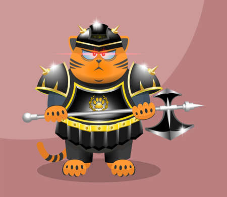 Angry cartoon red fat serious cat knight in black and gold armor with a big ax. Bright radiant highlights and glowing red eyesのイラスト素材