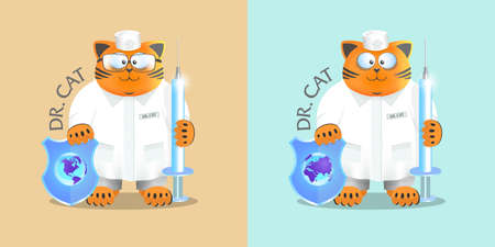Cartoon kind smiling fat ginger cat doctor in a white coat with a large syringe and a shield. Children's vaccination poster. T shirt designのイラスト素材