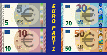 A fictional set of obverse of European Union paper money. Banknotes in denominations of five, ten, twenty, fifty euros. Part oneのイラスト素材
