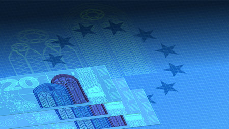 3D blueprint sheet. Schematically EU paper money. Stylistic 20 euro banknotes against the background of the flag of the united Europeのイラスト素材