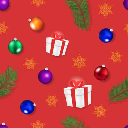 Festive New Year seamless pattern. Colored Christmas balls toys, golden snowflakes, fir branches and gift boxes on a red backgroundのイラスト素材