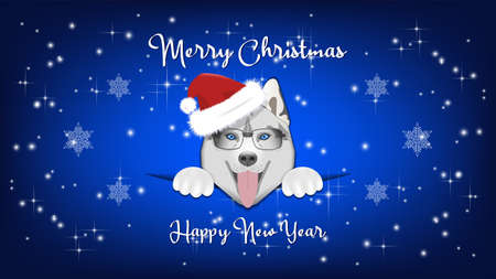 A cute head of doggie with glasses, a Santa Claus hat against the background of a bright blue starry festive sky with snowflakes. White calligraphic inscription, Merry Christmas and Happy New Yearのイラスト素材